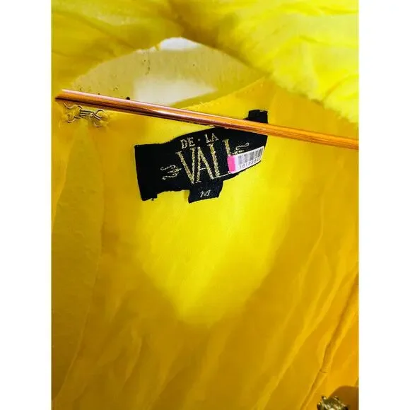 DE LA VALI Yellow Middle Front Cutout Ruching Flowy Sheer Skirt Olympia Gown 14 - Picture 11 of 16